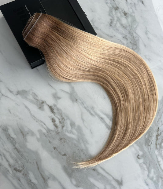 rooted balayage ombre blonde invisible seamless human hair clip-in hair extensions